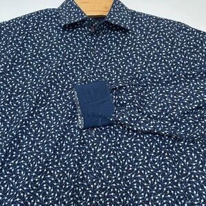 BUGATCHI Classic Fit Navy Watch Print Long Sleeved‎ Flip Cuff Ribbon Contrast M